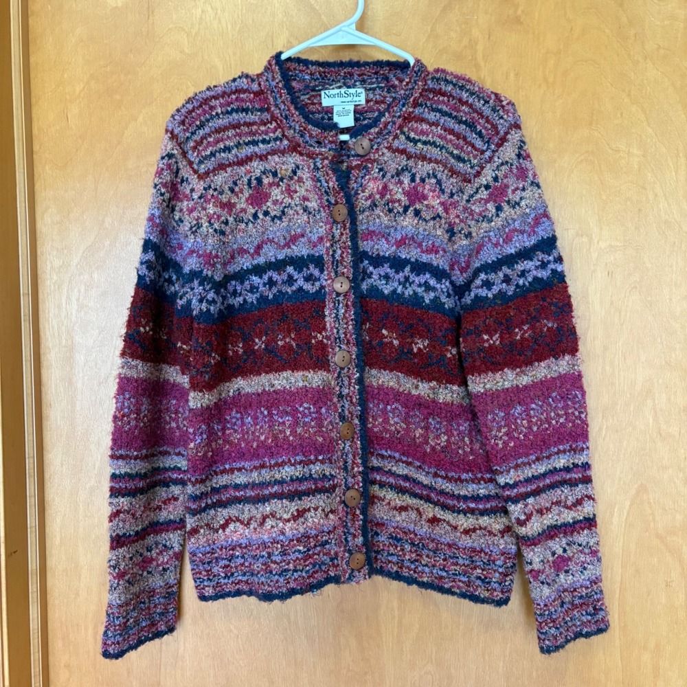 NorthStyle Cardigan Sweater Womens Size M Multicolor Fair Isle Boucle Knit